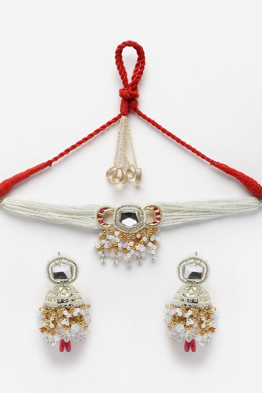 Red And White Necklace With Earring Jeweler Set Kundan And American Diamonds