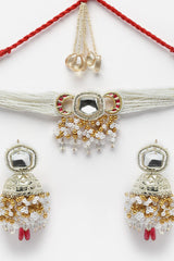 Red And White Necklace With Earring Jeweler Set Kundan And American Diamonds