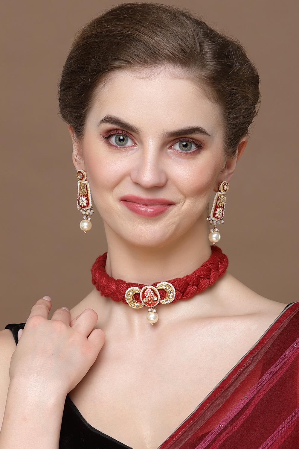 Red And White Necklace With Earring Jeweler Set Kundan And Pearls