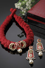 Red And White Necklace With Earring Jeweler Set Kundan And Pearls