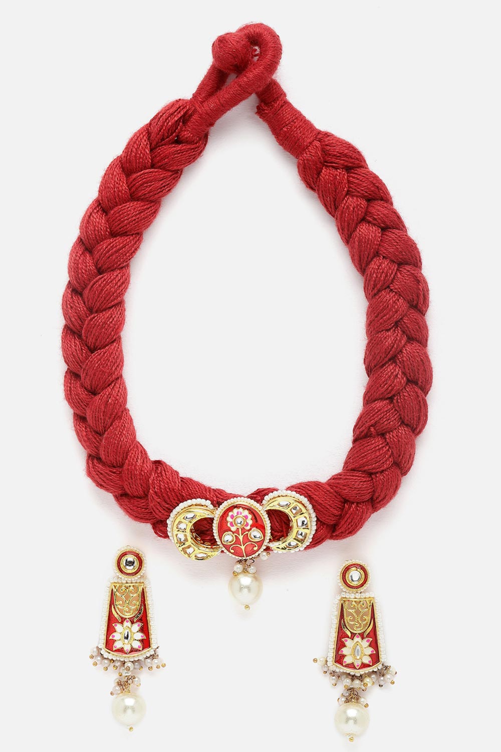 Red And White Necklace With Earring Jeweler Set Kundan And Pearls