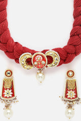 Red And White Necklace With Earring Jeweler Set Kundan And Pearls