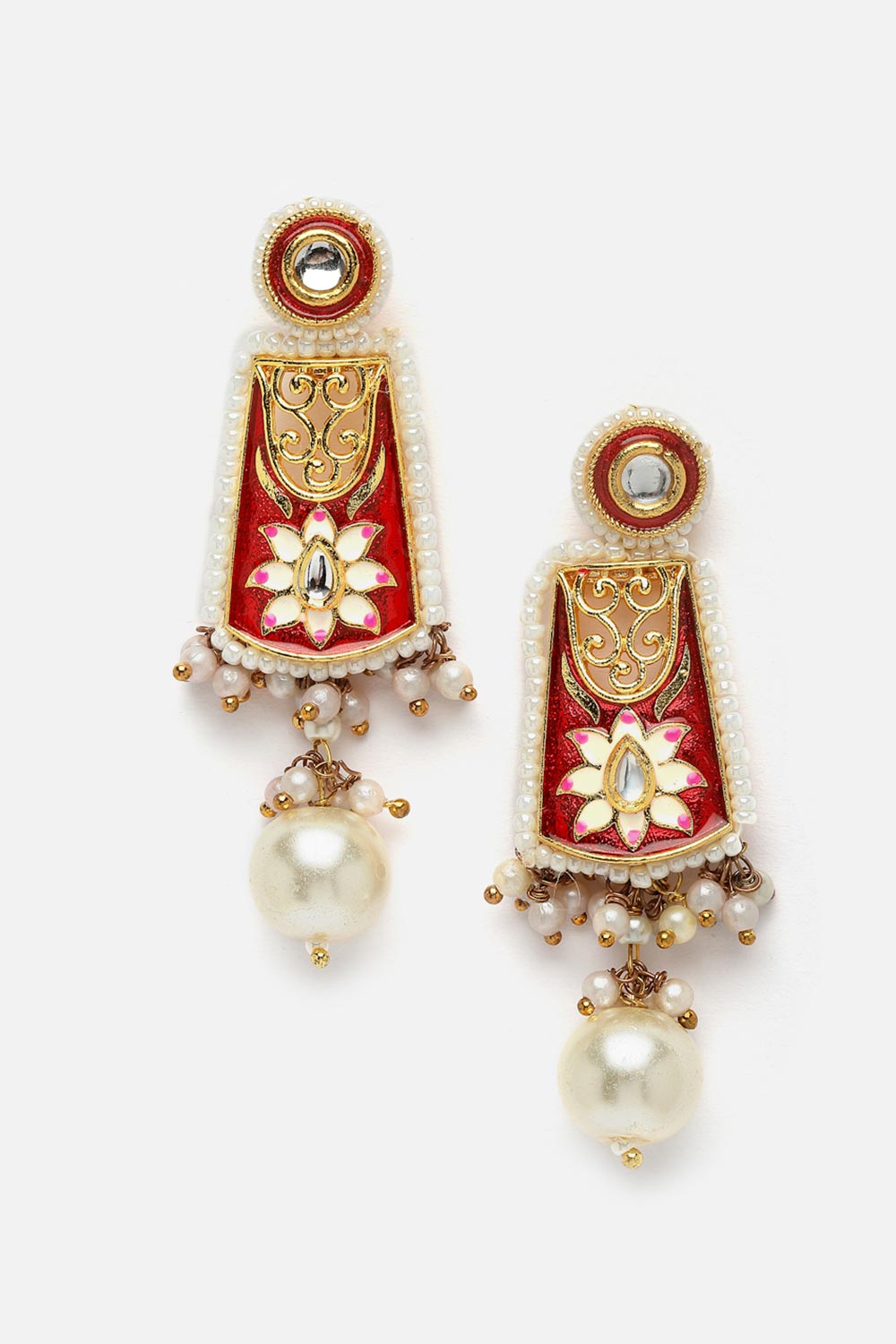 Red And White Necklace With Earring Jeweler Set Kundan And Pearls