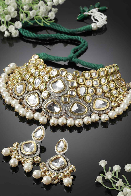 Green And Gold Necklace With Earring Jeweler Set Kundan And American Diamonds