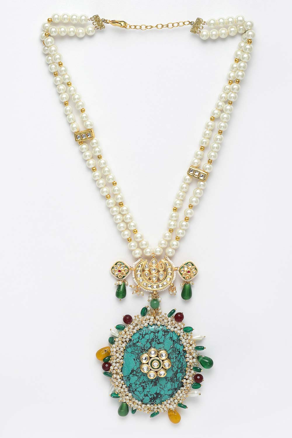 Multicolor And White  Gold-Plated Kundan And Pearls Necklace