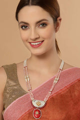 Red And Pink Gold-Plated Kundan And Pearls Necklace