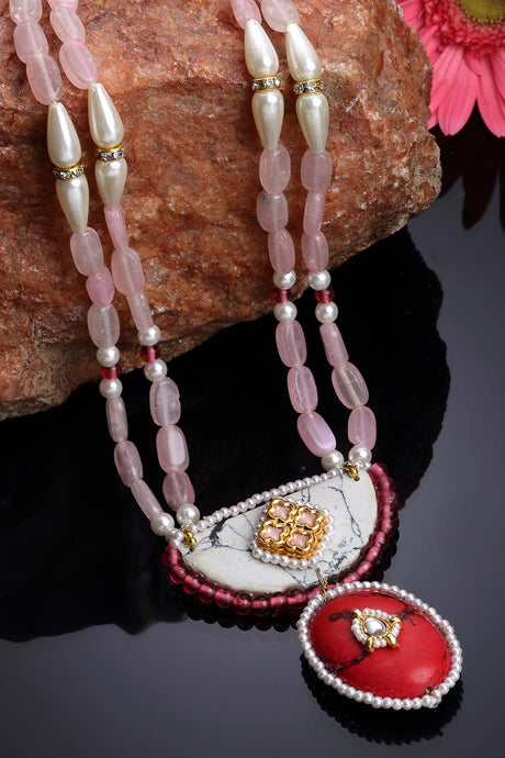 Red And Pink Gold-Plated Kundan And Pearls Necklace