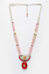 Red And Pink Gold-Plated Kundan And Pearls Necklace