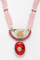 Red And Pink Gold-Plated Kundan And Pearls Necklace