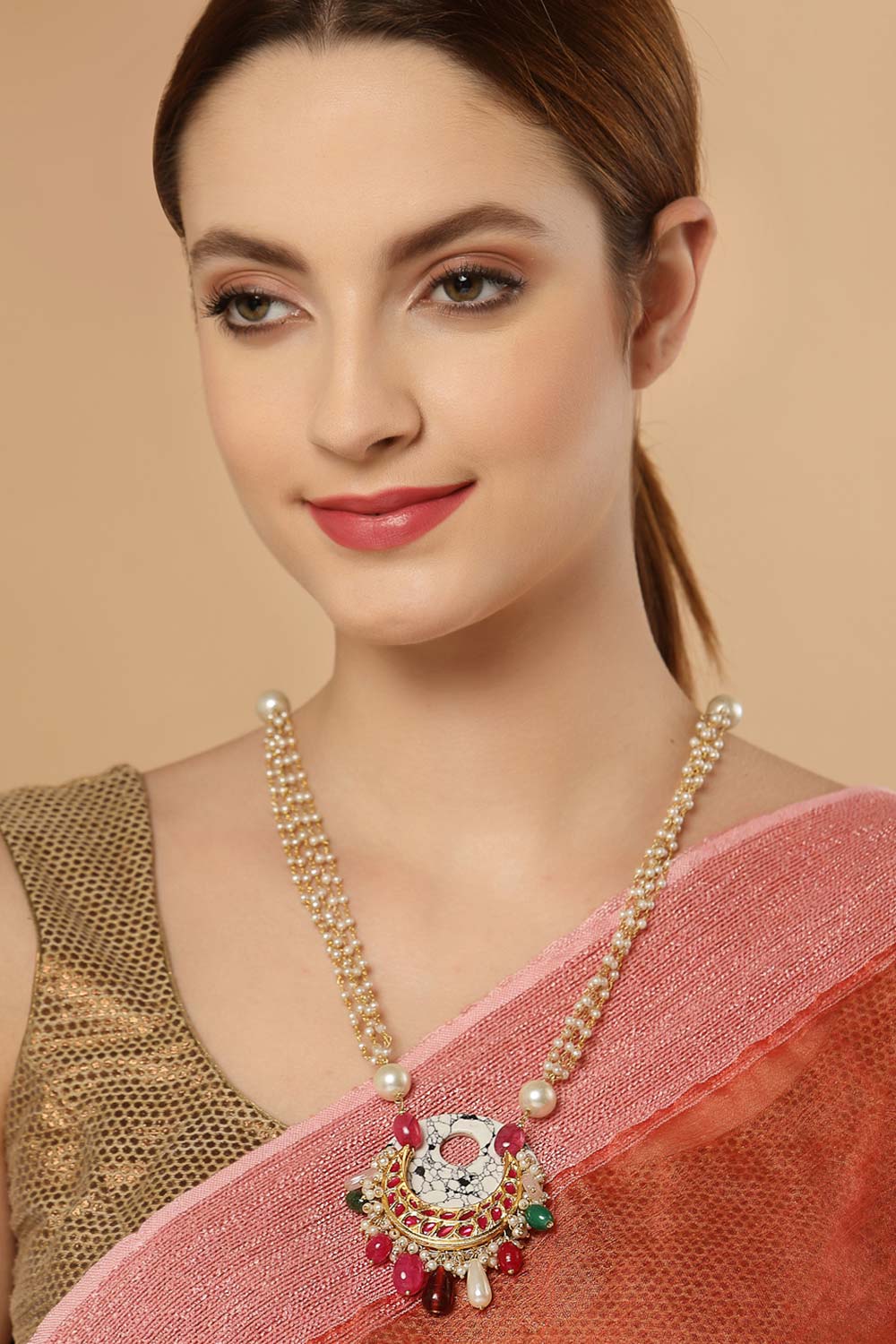 Multi Color Gold-Plated Kundan And Pearls Necklace