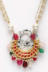 Multi Color Gold-Plated Kundan And Pearls Necklace