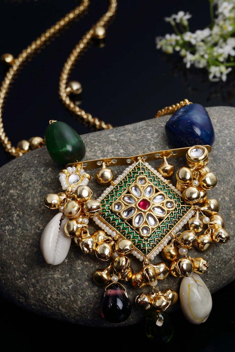 Blue And Green   Gold-Plated Kundan And Pearls Necklace