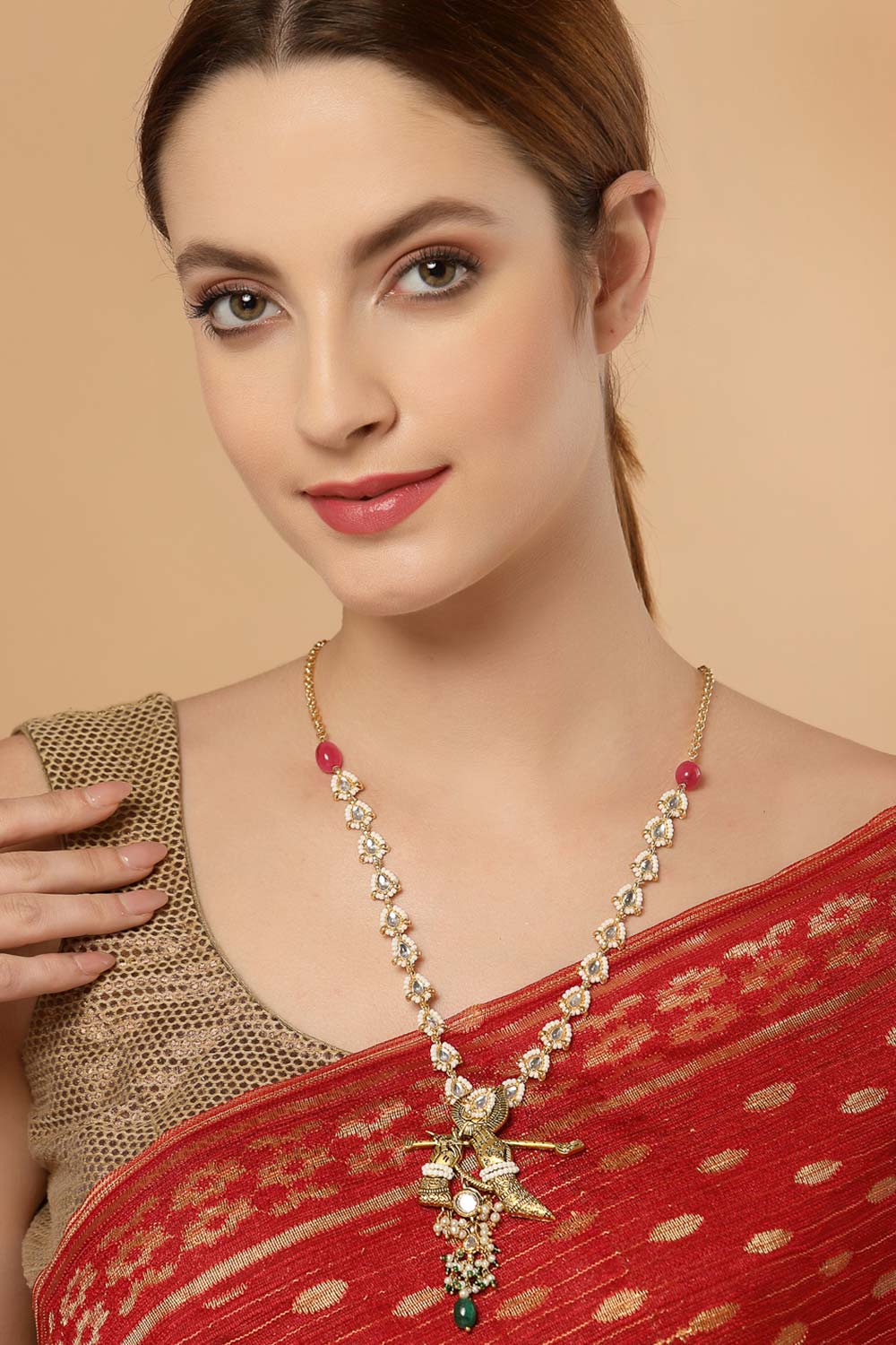 Green And Pink Gold-Plated Kundan And Pearls Necklace