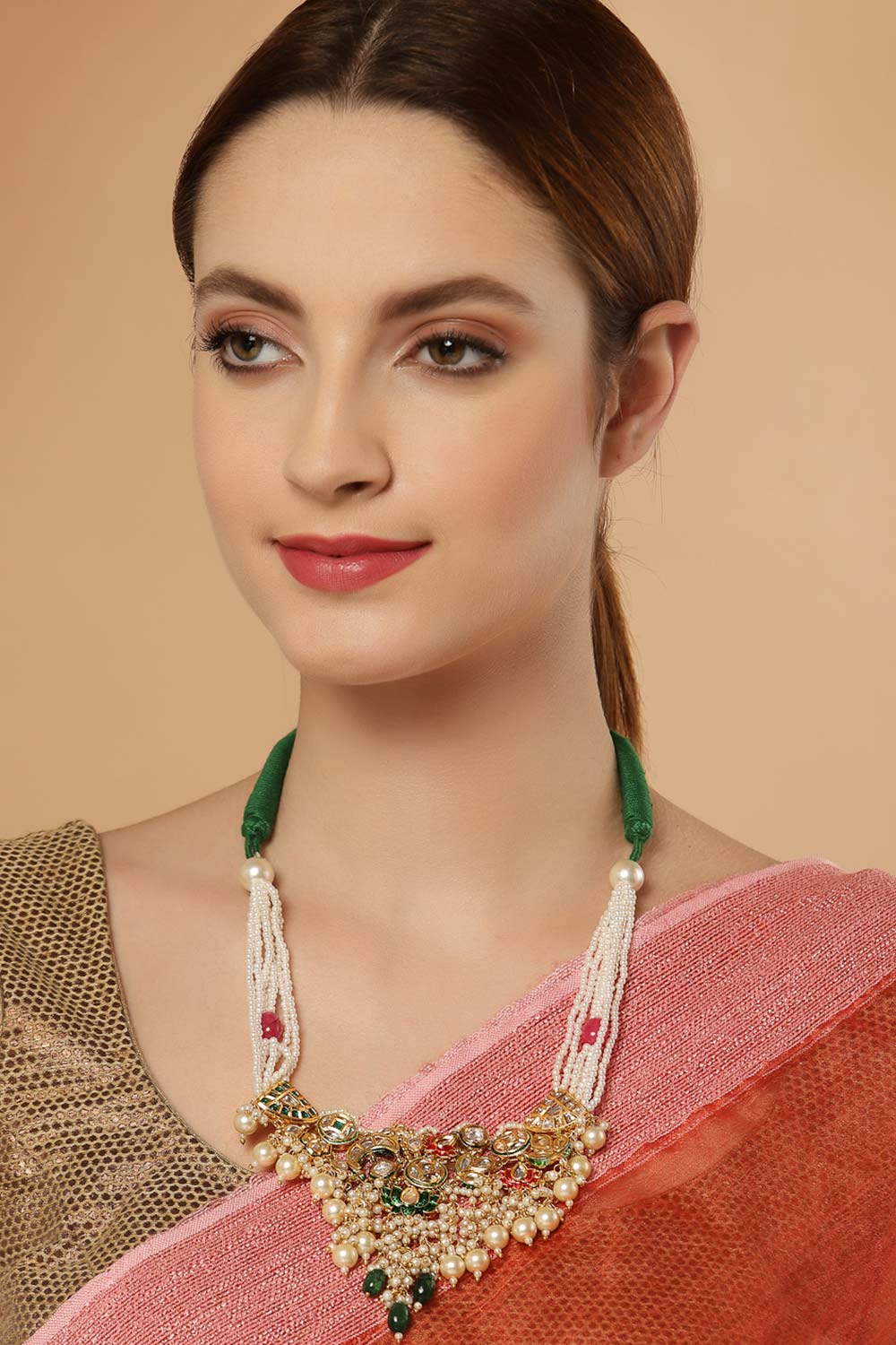 Green And Pink  Gold-Plated Kundan And Pearls Necklace