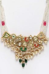 Green And Pink  Gold-Plated Kundan And Pearls Necklace