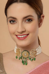 Green And Grey  Gold-Plated Kundan And Pearls Necklace