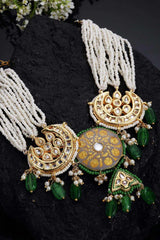 Green And Grey  Gold-Plated Kundan And Pearls Necklace