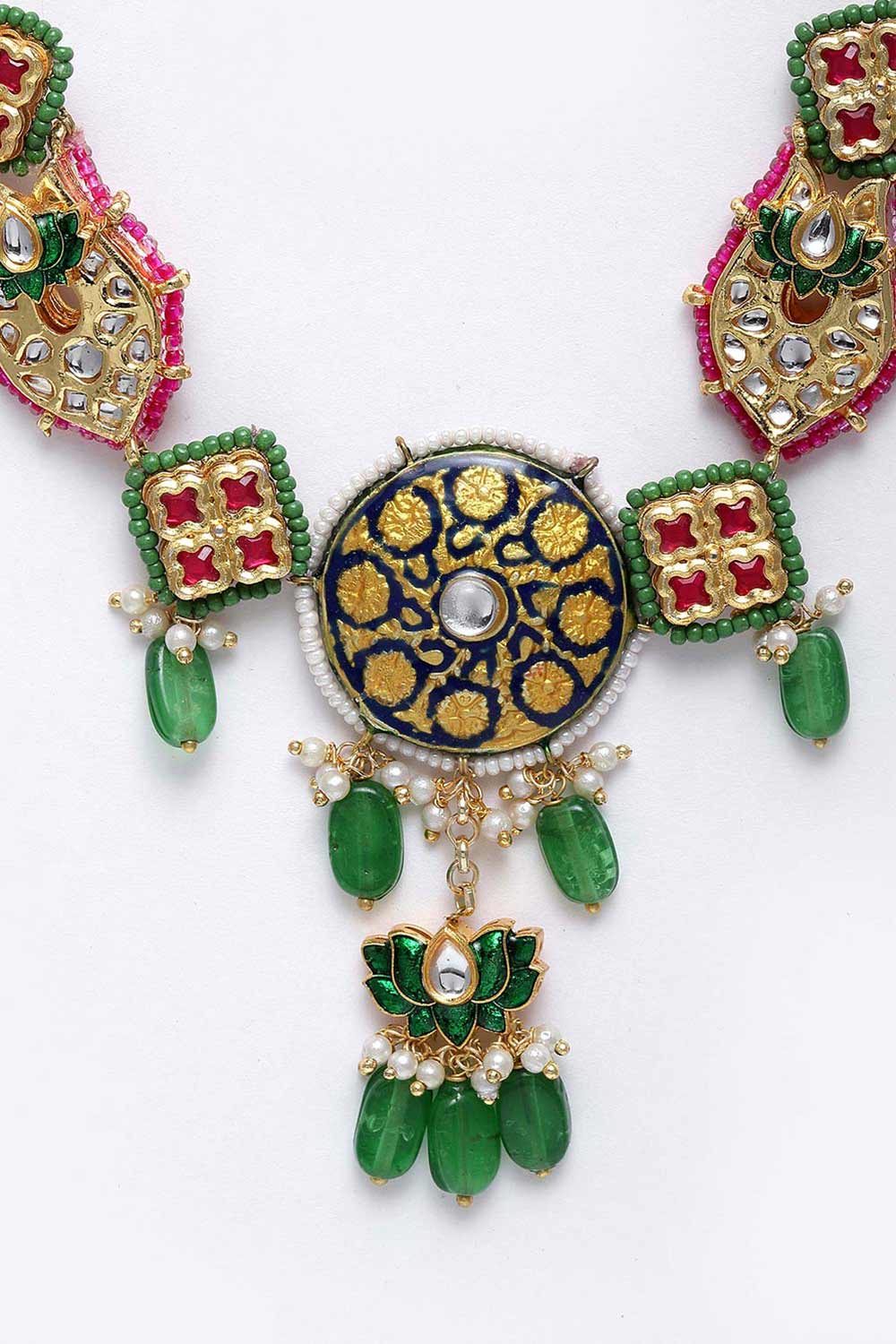 Multicolor Gold-Plated Kundan And Pearls Necklace