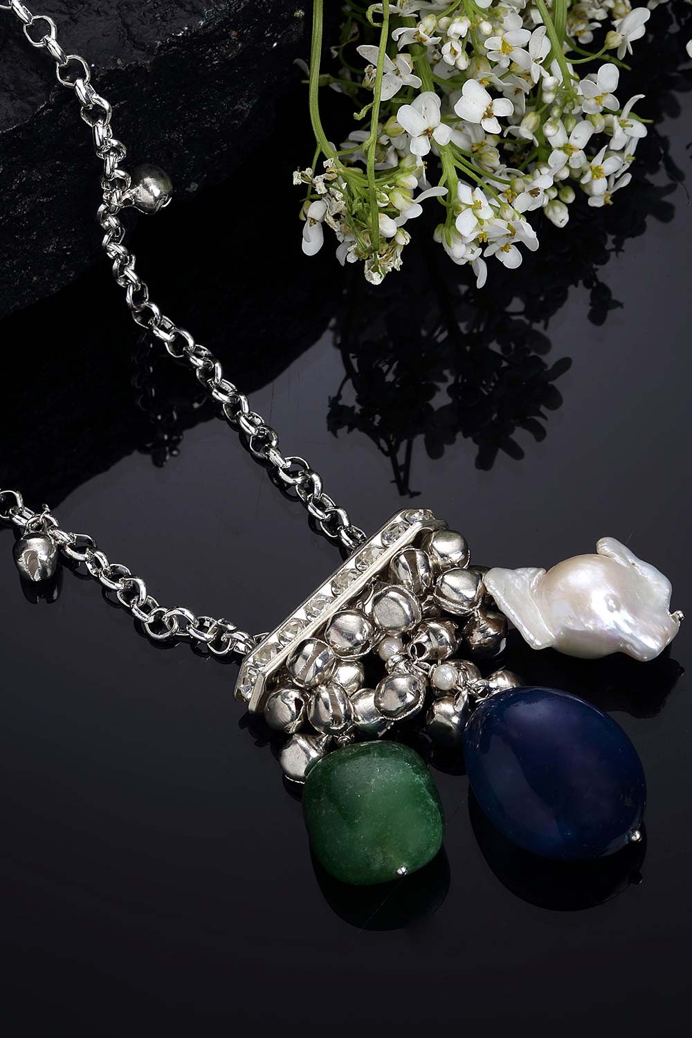 multicolor Silver-Plated Pearls And Natural Stones Necklace
