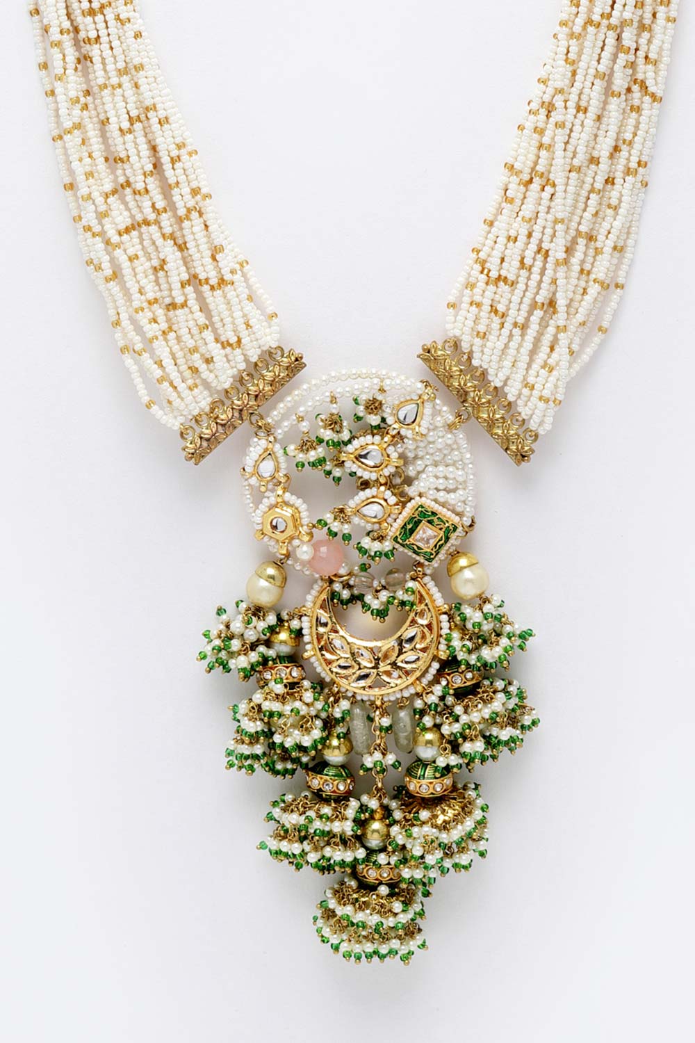 Green And Pink  Gold-Plated Kundan And Pearls  Necklace