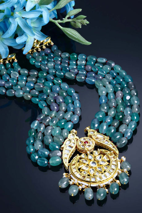 Green And White Gold-Plated Kundan And Pearls Necklace