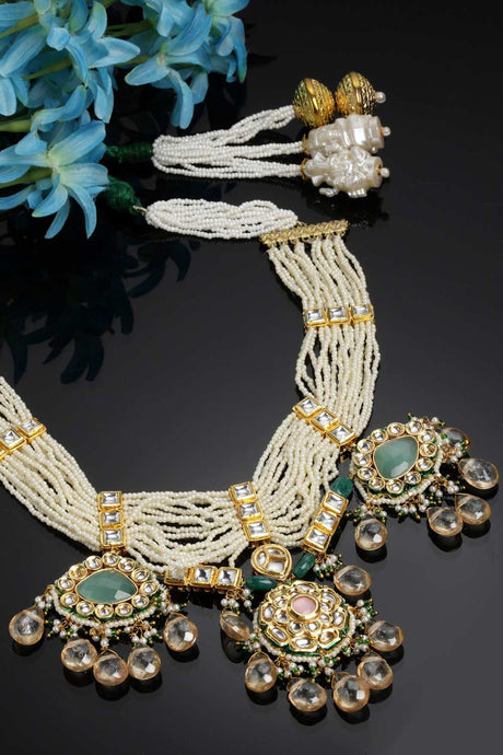 Green And Pink Gold-Plated Kundan And Pearls Bead Necklaces