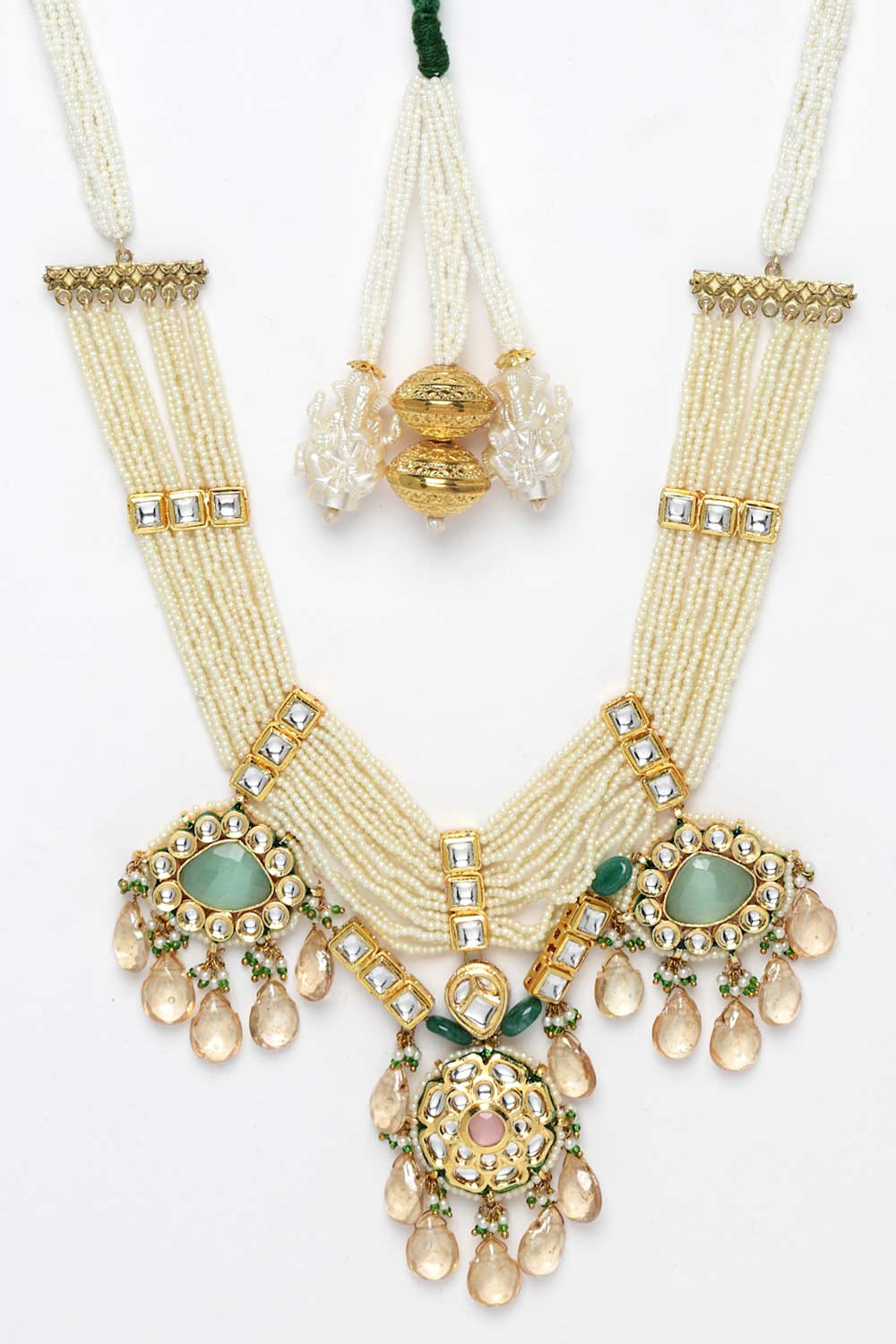 Green And Pink Gold-Plated Kundan And Pearls Bead Necklaces