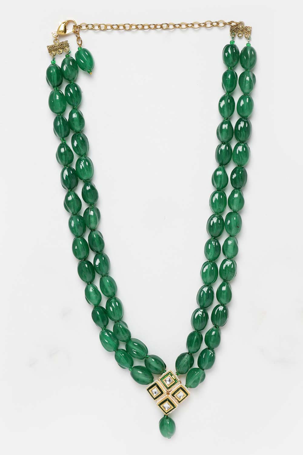 Green And Gold Gold-Plated Kundan And Pearls Bead Necklaces