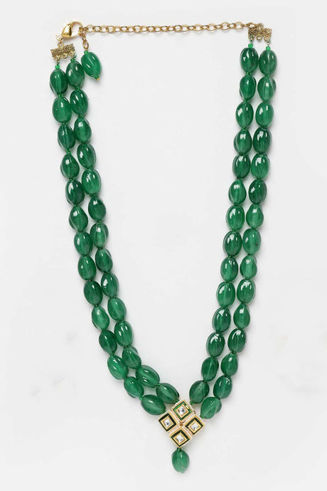 Green And Gold Gold-Plated Kundan And Pearls Bead Necklaces