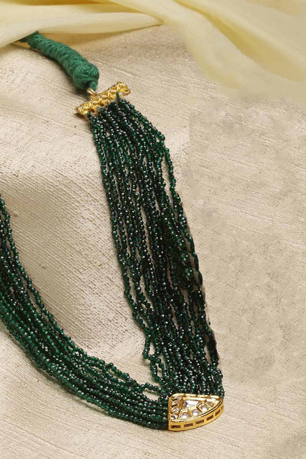 Green And Gold Gold-Plated Kundan And Pearls Bead Necklaces