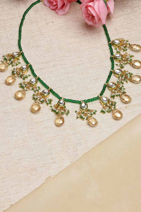 Yellow And Green Gold-Plated Kundan And Pearls Bead Necklaces