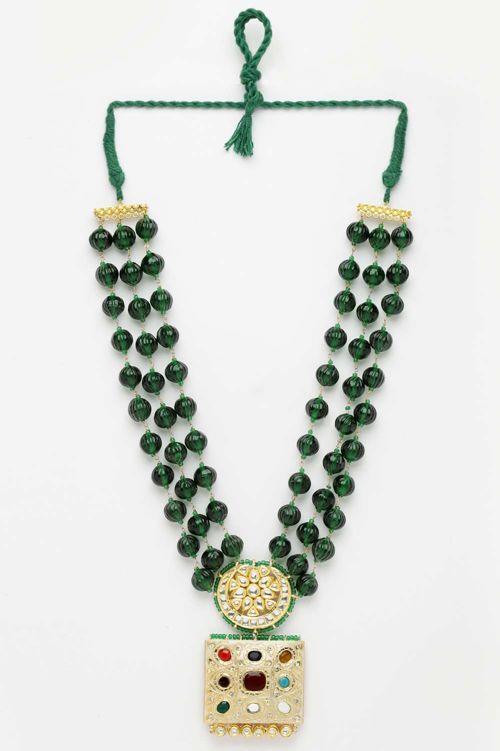 Green And Maroon Gold-Plated Kundan And Pearl Bead Necklaces