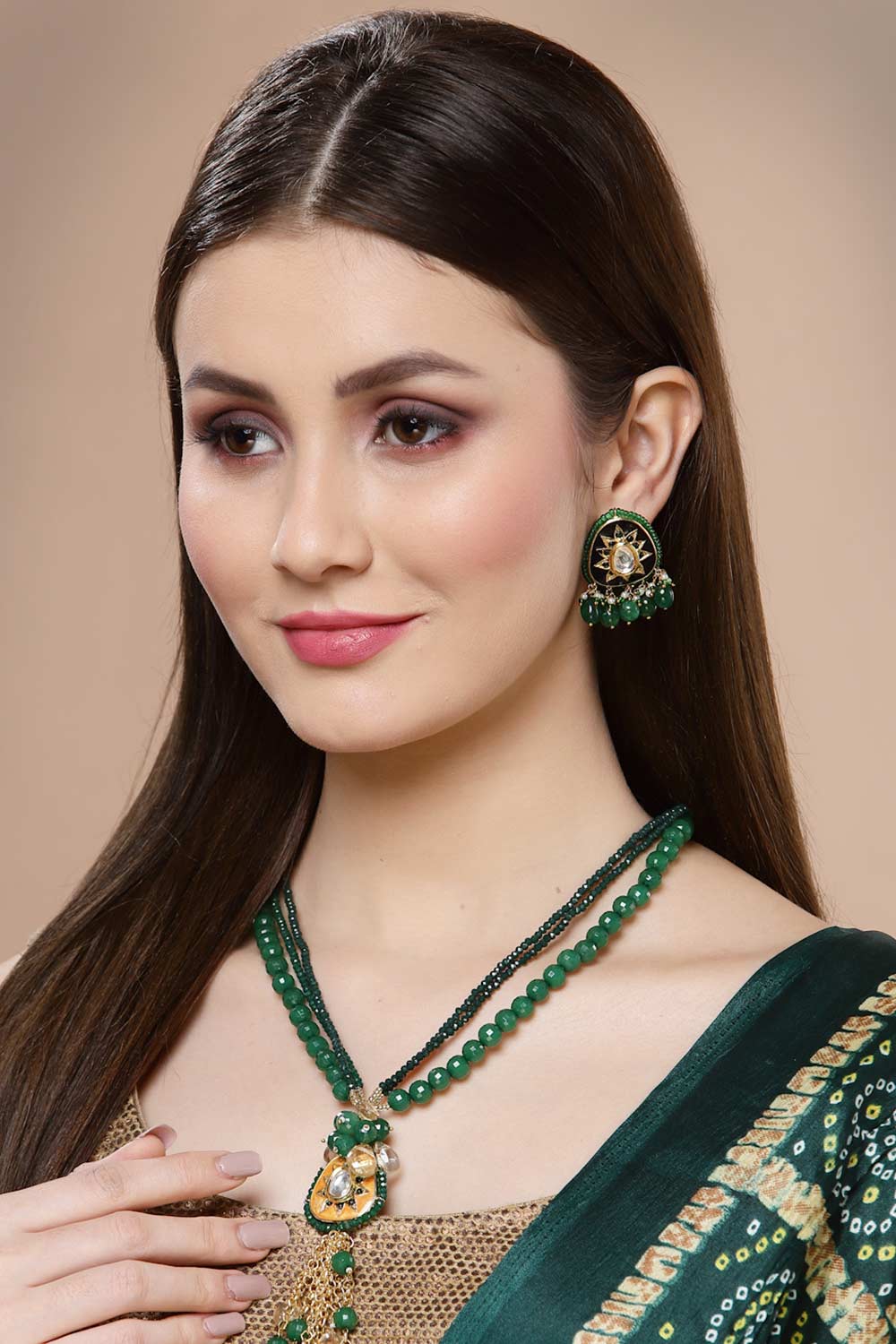 Green And Orange Gold-Plated Kundan And Pearls Bead Necklaces