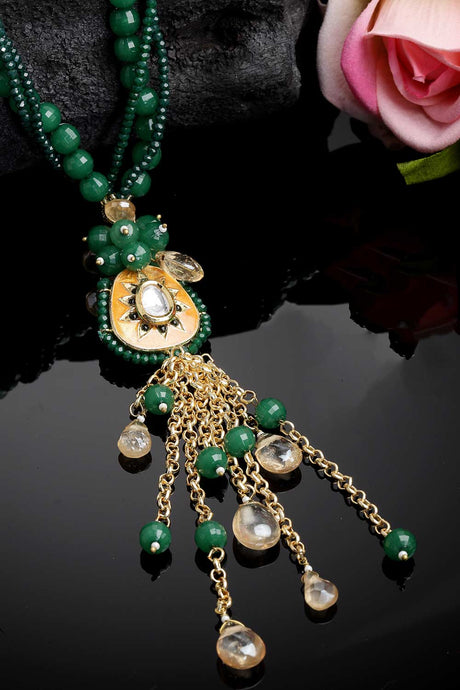 Green And Orange Gold-Plated Kundan And Pearls Bead Necklaces