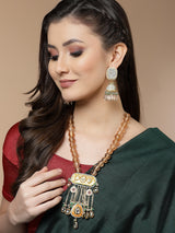 Buy Peach and Yellow Gold-Plated Kundan and Pearls Haar Necklace Online