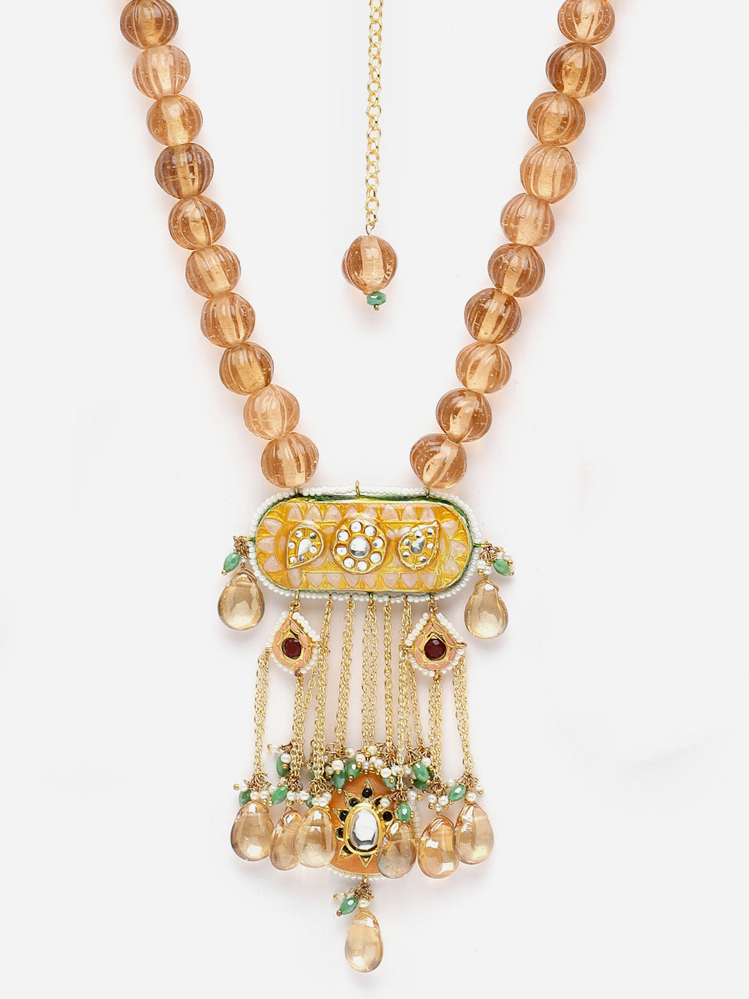 Peach And Yellow Gold-Plated Kundan And Pearls Haar Necklace