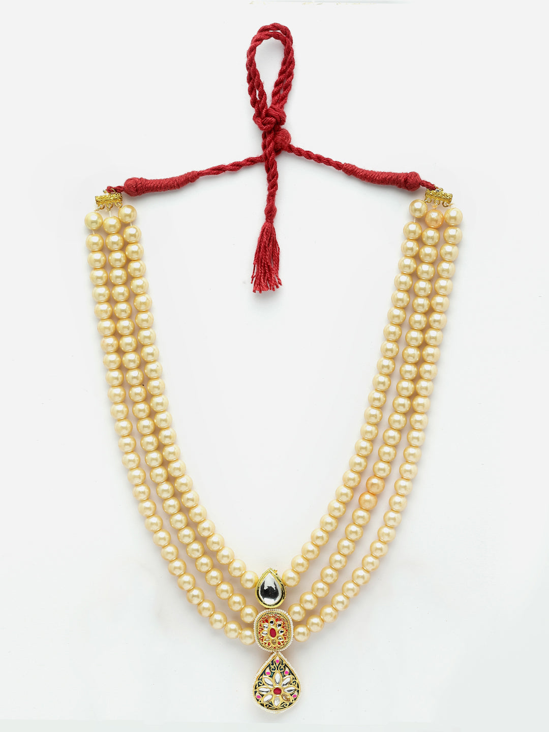 Red And Black Gold-Plated Kundan And Pearls Haar Necklace