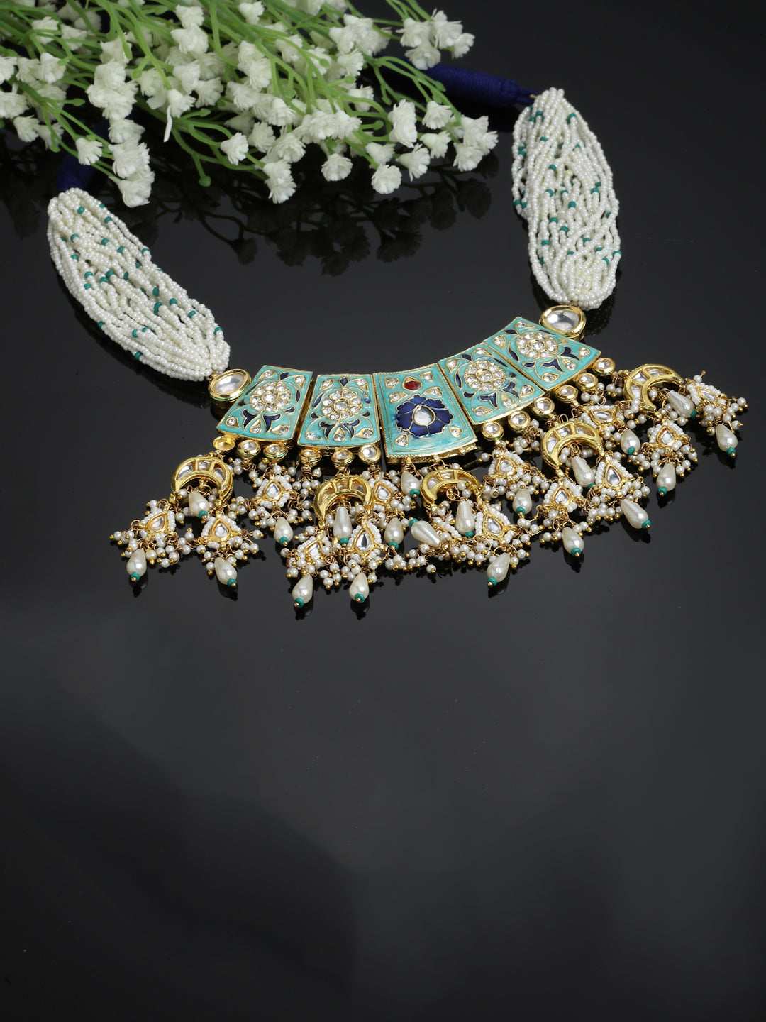 Blue And Cream Gold-Plated Kundan And Pearls Haar Necklace