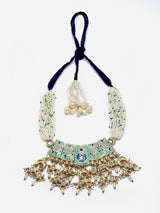 Blue And Cream Gold-Plated Kundan And Pearls Haar Necklace