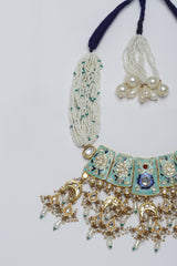 Blue And Cream Gold-Plated Kundan And Pearls Haar Necklace