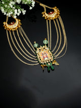 Green And Red Gold-Plated Kundan And Pearls Haar Necklace