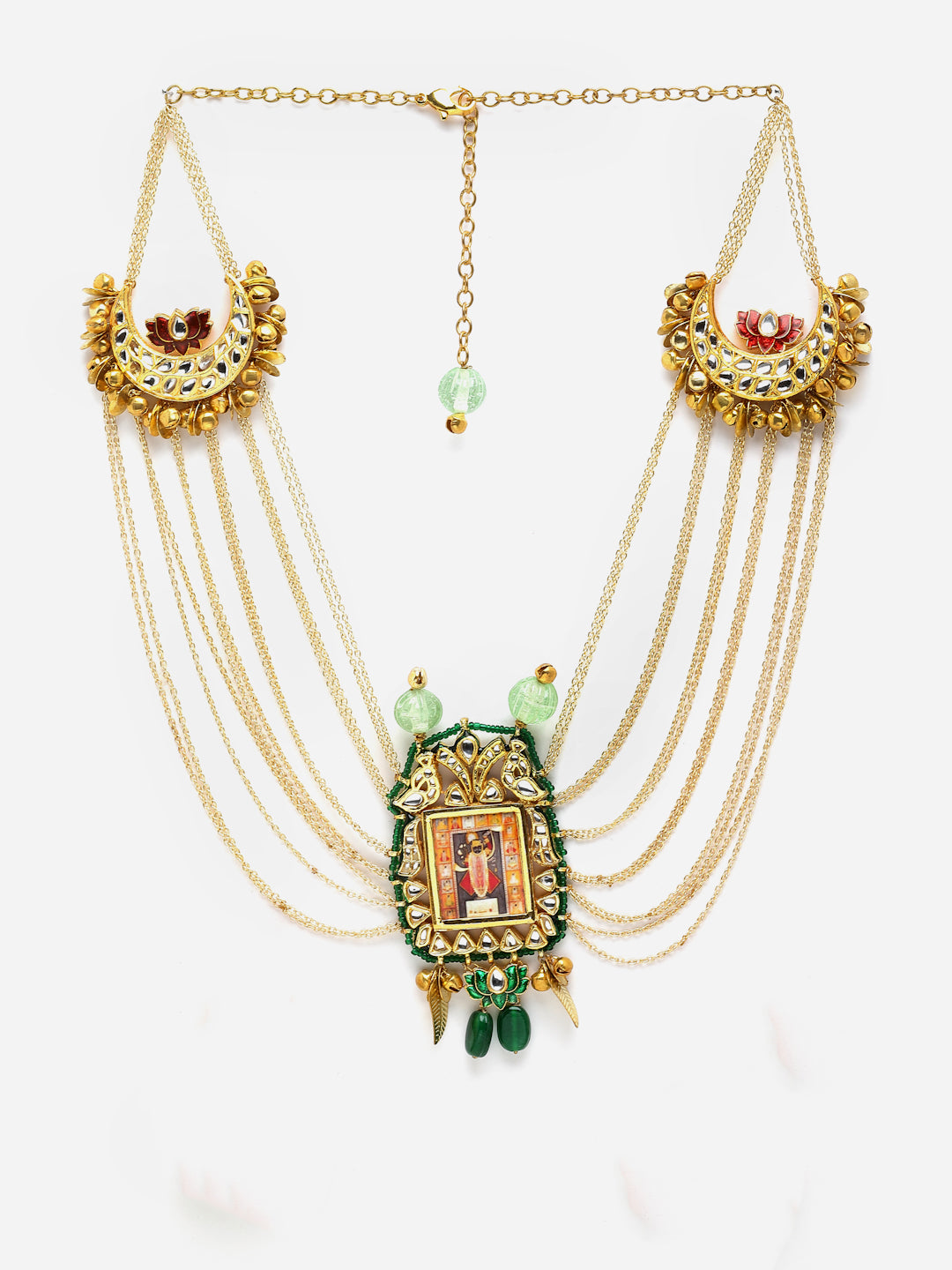 Green And Red Gold-Plated Kundan And Pearls Haar Necklace