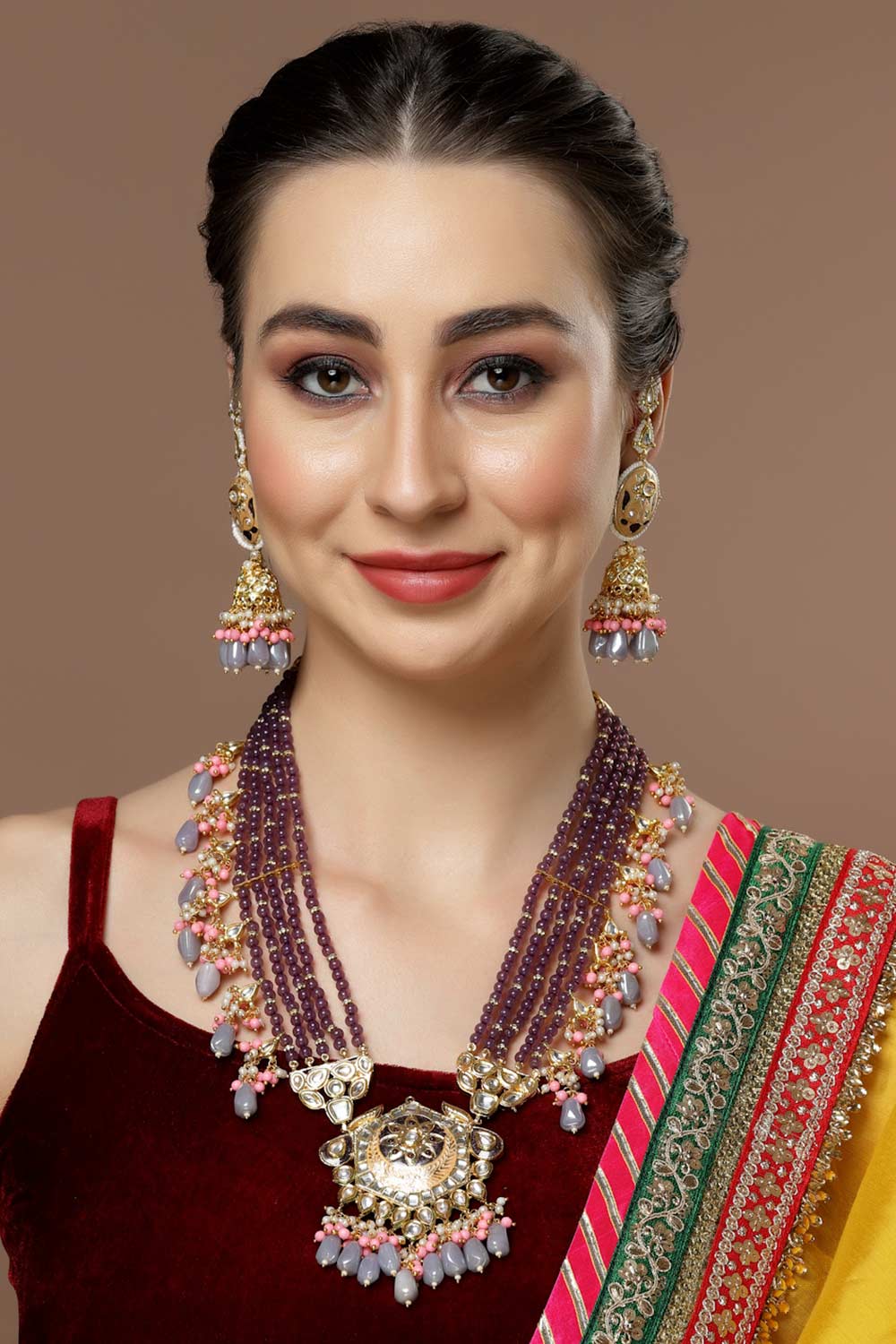 Purple And Pink Kundan And Pearls Haar Necklace