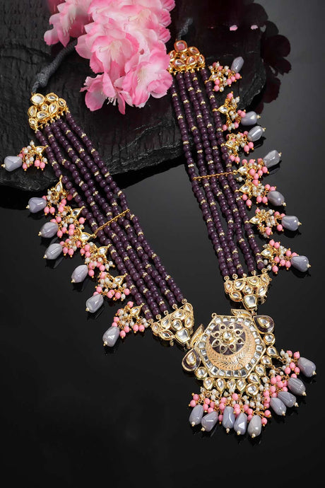 Purple And Pink Kundan And Pearls Haar Necklace