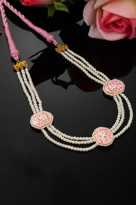 Pink And Gold Haar Necklace With Kundan And Pearls