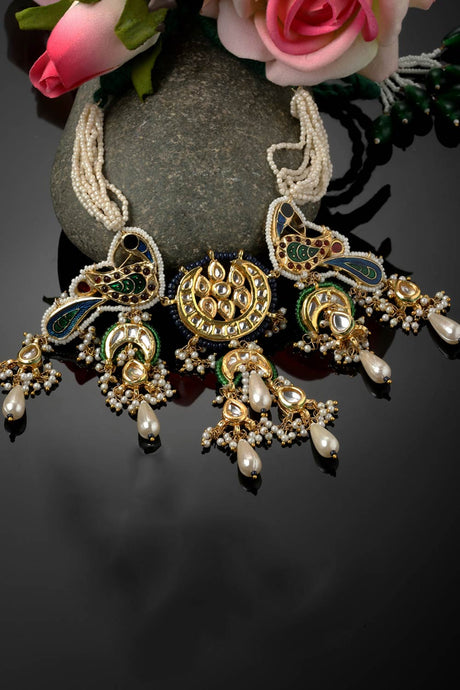 Blue And Green Haar Necklace With Kundan And Pearls