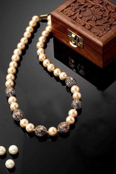 Pink And Cream Haar Necklace With American Diamond And Pearls