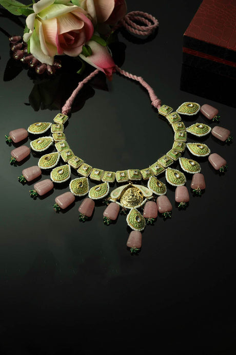 Green And Pink Haar Necklace With Kundan And Pearls
