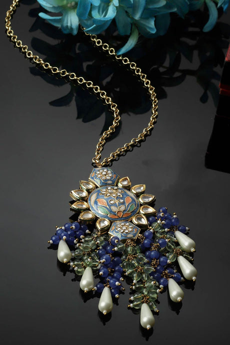 Blue And Green Haar Necklace With Kundan And Pearls