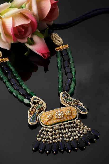 Blue And Yellow Haar Necklace With Kundan And Pearls